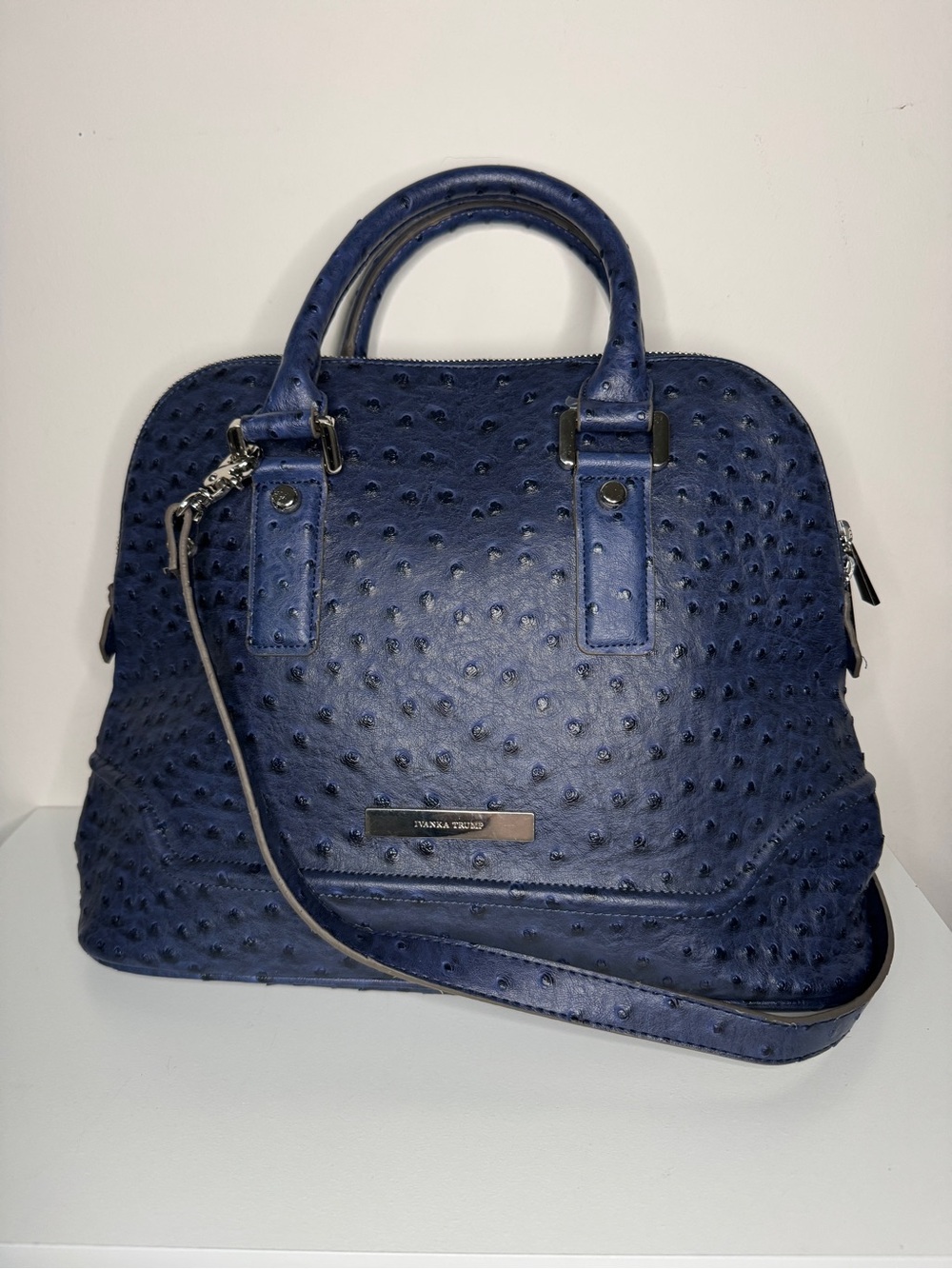 Ivanka Trump Blue Ostrich Embossed Satchel Bag Structured Top Handle Large